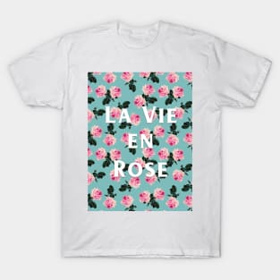 La Vie En Rose - scattered pink vintage roses on turquoise T-Shirt